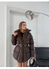 YAKA KÜRK DETAY BEL KEMERLİ ŞİŞME MONT KAHVE