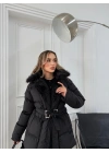 YAKA KÜRK DETAY BEL KEMERLİ ŞİŞME MONT SİYAH