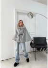 YAKA KÜRK DETAY KEMERLİ KAŞE PANÇO GRİ