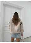 YAKA KÜRK VE KEMERLİ DERİ İÇİ KÜRK LAMİNE MONT KREM 3143