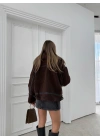 YAKA VE BEL KEMERLİ ŞERİT DETAY TEDDY MONT KAHVE