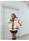 YAKA VE BEL KEMERLİ ŞERİT DETAY TEDDY MONT KREM