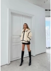 YAKA VE BEL KEMERLİ ŞERİT DETAY TEDDY MONT KREM