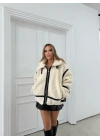 YAKA VE BEL KEMERLİ ŞERİT DETAY TEDDY MONT KREM