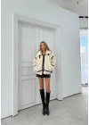 YAKA VE BEL KEMERLİ ŞERİT DETAY TEDDY MONT KREM