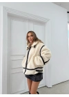 YAKA VE BEL KEMERLİ ŞERİT DETAY TEDDY MONT KREM