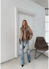 YAKA VE İÇ KÜRK DETAY KEMERLİ LAMİNE MONT KAHVE 3146