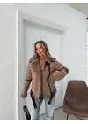 YAKA VE İÇ KÜRK DETAY KEMERLİ LAMİNE MONT KAHVE 3146