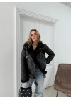 YAKA VE İÇ KÜRK DETAY KEMERLİ LAMİNE MONT SİYAH 3146