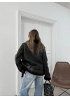 YAKA VE İÇ KÜRK DETAY KEMERLİ LAMİNE MONT SİYAH 3146