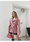 YAKA VE KOL KEMER DETAY BEL KUŞAKLI İÇ ASTARLI KAŞE TRENÇ KABAN PEMBE
