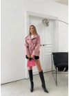 YAKA VE KOL KEMER DETAY BEL KUŞAKLI İÇ ASTARLI KAŞE TRENÇ KABAN PEMBE