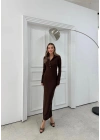 YAKALI DÜĞME DETAY FİTİLLİ OTTOMAN ELBİSE KAHVE