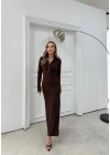 YAKALI DÜĞME DETAY FİTİLLİ OTTOMAN ELBİSE KAHVE