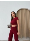 YAN BÜZGÜ DETAY BLUZ VE PANTOLONLU GOFRE İKİLİ TAKIM BORDO
