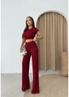 YAN BÜZGÜ DETAY BLUZ VE PANTOLONLU GOFRE İKİLİ TAKIM BORDO