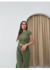 YAN BÜZGÜ DETAY BLUZ VE PANTOLONLU GOFRE İKİLİ TAKIM HAKİ