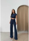 YAN BÜZGÜ DETAY BLUZ VE PANTOLONLU GOFRE İKİLİ TAKIM LACİVERT