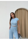 YAN BÜZGÜ DETAY BLUZ VE PANTOLONLU GOFRE İKİLİ TAKIM MAVİ