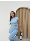 YAN BÜZGÜ DETAY BLUZ VE PANTOLONLU GOFRE İKİLİ TAKIM MAVİ