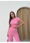 YAN BÜZGÜ DETAY BLUZ VE PANTOLONLU GOFRE İKİLİ TAKIM PEMBE