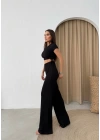YAN BÜZGÜ DETAY BLUZ VE PANTOLONLU GOFRE İKİLİ TAKIM SİYAH