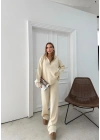 YARIM FERMUAR DETAYOVERSİZE KAZAK VE PANTOLONLU TRİKO İKİLİ TAKIM KREM