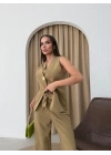 YELEK VE PANTOLONLU GOLD DÜĞME DETAY İKİLİ TAKIM YEŞİL