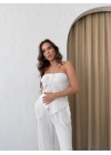 YIRTMAÇLI BÜZGÜLÜ BLUZ VE PANTOLONLU GOFRE İKİLİ TAKIM BEYAZ