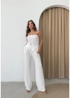 YIRTMAÇLI BÜZGÜLÜ BLUZ VE PANTOLONLU GOFRE İKİLİ TAKIM BEYAZ