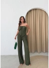 YIRTMAÇLI BÜZGÜLÜ BLUZ VE PANTOLONLU GOFRE İKİLİ TAKIM HAKİ