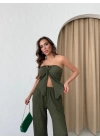 YIRTMAÇLI BÜZGÜLÜ BLUZ VE PANTOLONLU GOFRE İKİLİ TAKIM HAKİ