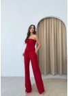 YIRTMAÇLI BÜZGÜLÜ BLUZ VE PANTOLONLU GOFRE İKİLİ TAKIM KIRMIZI