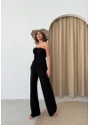 YIRTMAÇLI BÜZGÜLÜ BLUZ VE PANTOLONLU GOFRE İKİLİ TAKIM SİYAH
