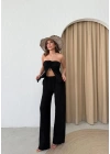 YIRTMAÇLI BÜZGÜLÜ BLUZ VE PANTOLONLU GOFRE İKİLİ TAKIM SİYAH