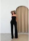 YIRTMAÇLI BÜZGÜLÜ BLUZ VE PANTOLONLU GOFRE İKİLİ TAKIM SİYAH