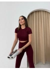 YÜKSEK BEL KORSE DETAY PANTOLON VE CROPLU İKİLİ TAKIM BORDO