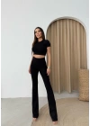 YÜKSEK BEL KORSE DETAY PANTOLON VE CROPLU İKİLİ TAKIM SİYAH
