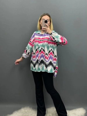 Viskon Pamuklu Renkli Dalgalı Gömlek