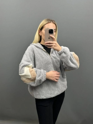 Gri Beli Lastikli Fermuarlı Peluş Ceket