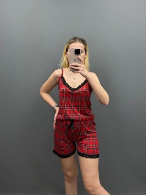Kırmızı Ekose Bambu Şortlu Takım