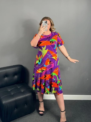 Mor Renkli Cepli Fırfırlı Elbise