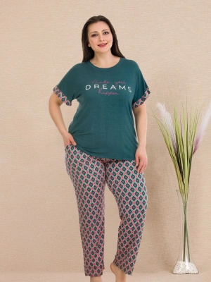 Turkuaz Etnik Desen A kalite Penye Pijama Takımı