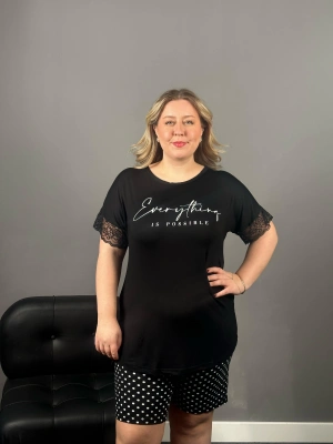 Kol Ucu Dantel Puantiyeli Şortlu Takım