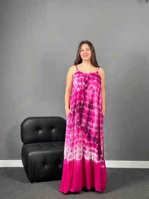 Askılı Pembe Batik Dokuma Elbise