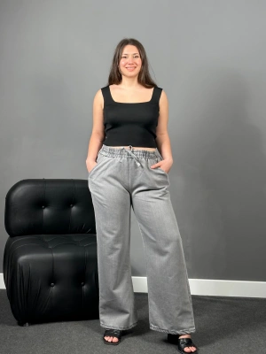 Açık Gri Beli Lastikli Kot Pantolon