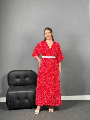 Kırmızı Çıtır Desen Kruvaze Elbise