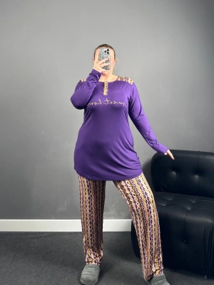 A Kalite Mor Etnik Desen Cepli Pijama Takımı