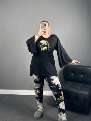 A Kalite Sarı Çiçekli İspanyol Kollu Cepli Pijama Takımı