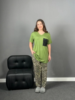 A Kalite Yeşil Dantel Cep Detaylı Pijama Takımı